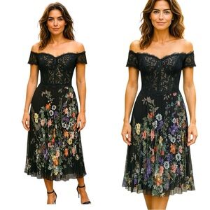 Teri Jon by Rickie Freeman Lace Off Shoulder Corset Pleated Floral Midi Dress 4